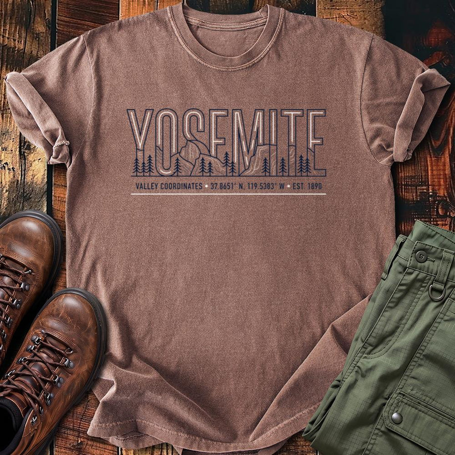Yosemite Valley Coordinates Tee – Vintage Mountain Line Art