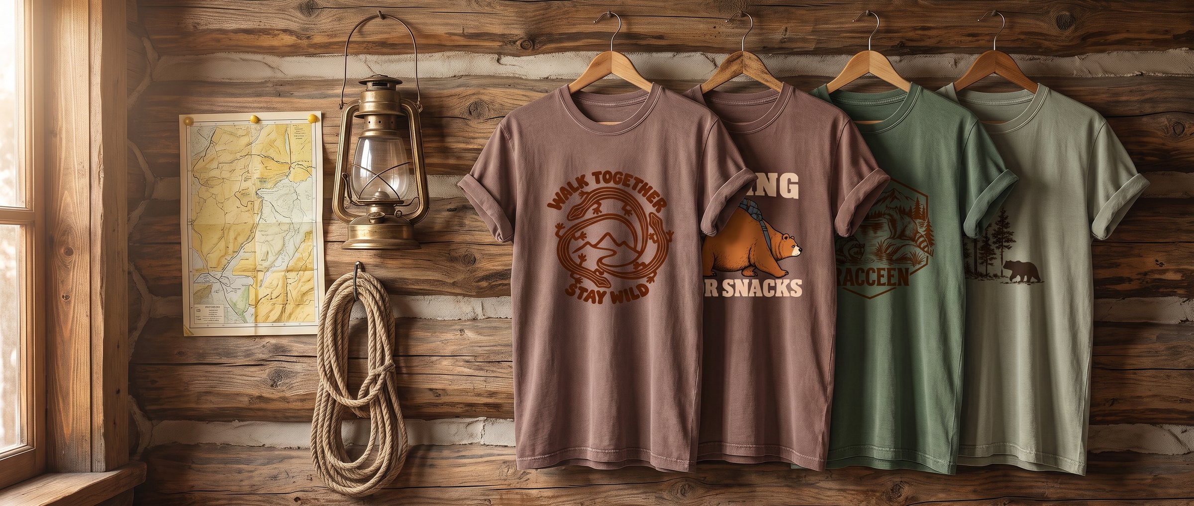 Wild Trail Club hiking tees on hangers along the log wall of a mountain cabin with a lantern and trail map