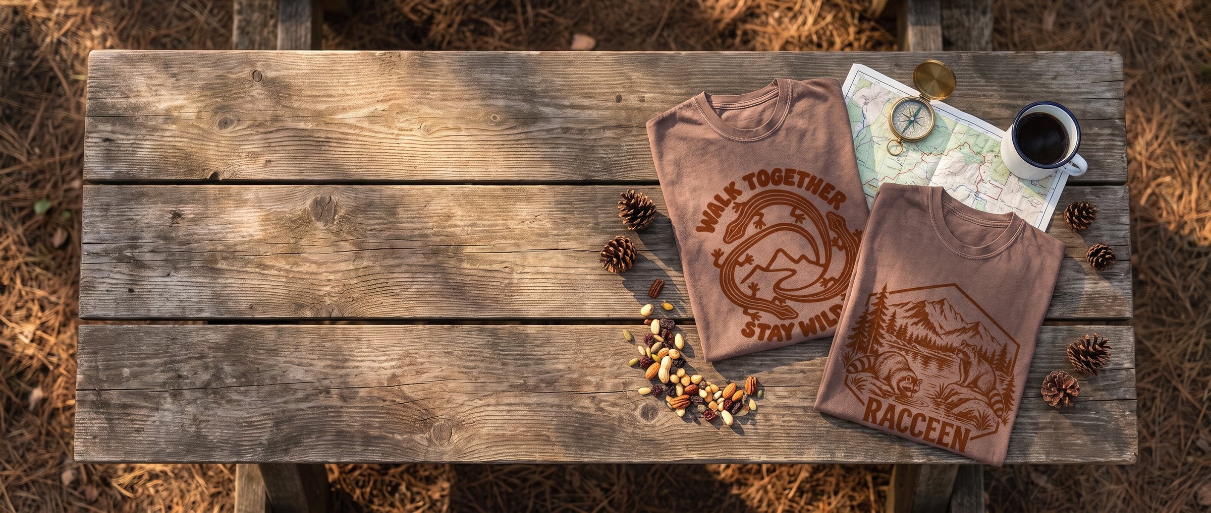 Walk Together Stay Wild and Raccoon wilderness badge tees on a campsite picnic table with a trail map, compass and camp mug