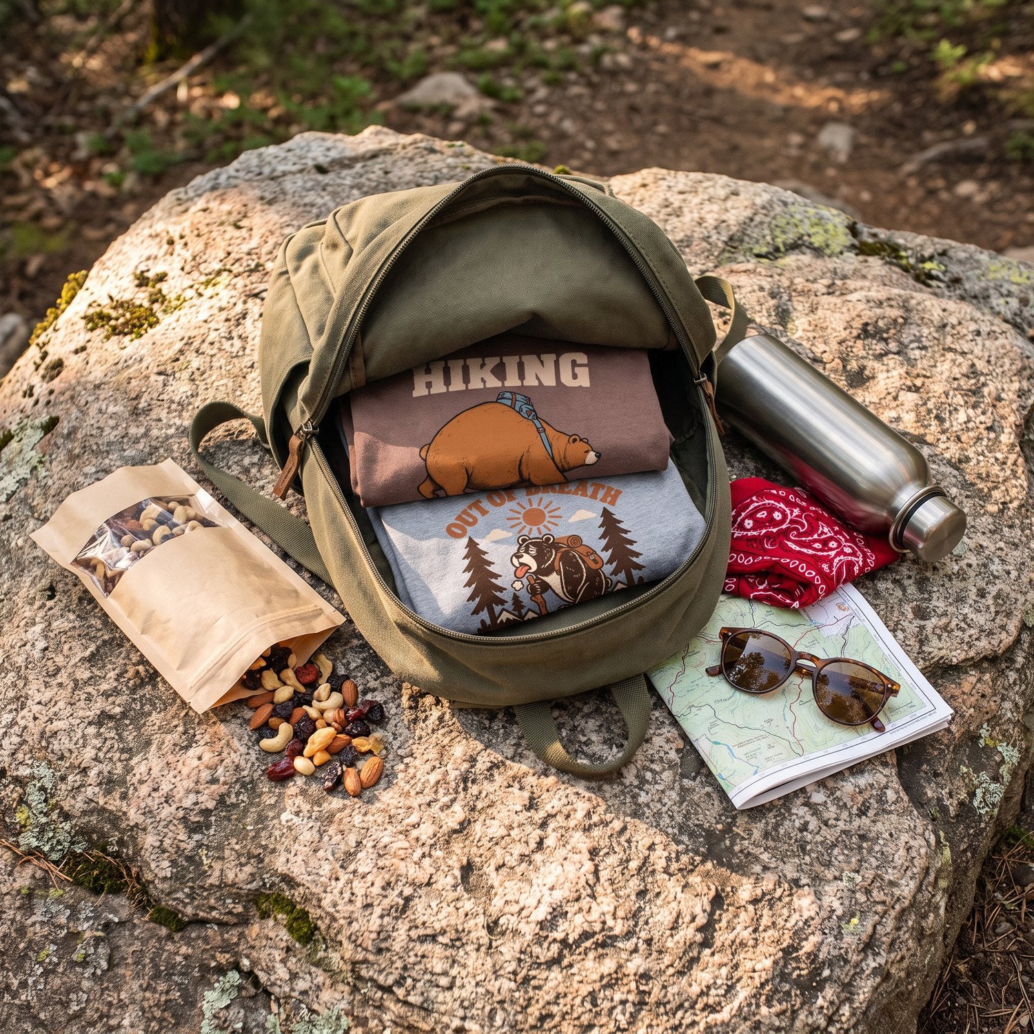Open canvas daypack on a granite boulder holding the Hiking for Snacks and Out of Breath tees, with trail mix, water bottle and map
