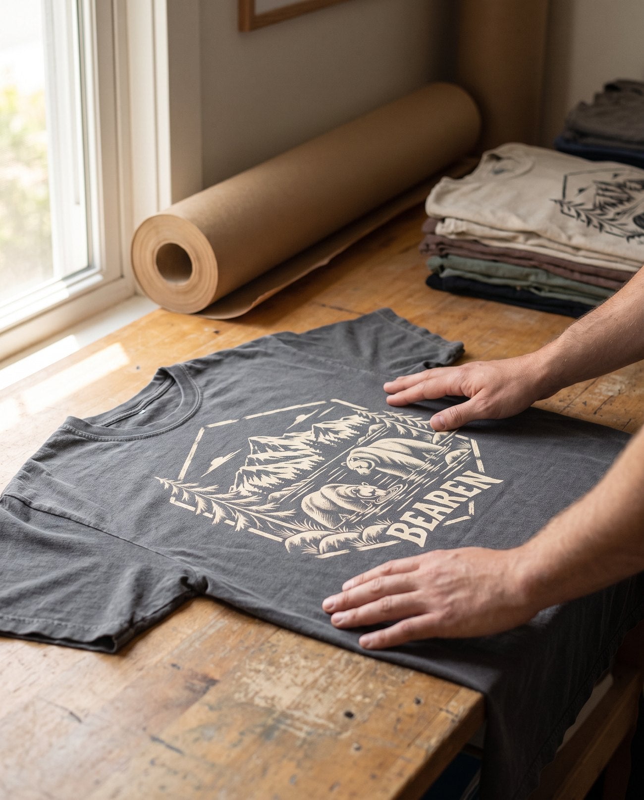 Hands smoothing a freshly printed Bearen wilderness tee on a workbench, checking the print before it ships