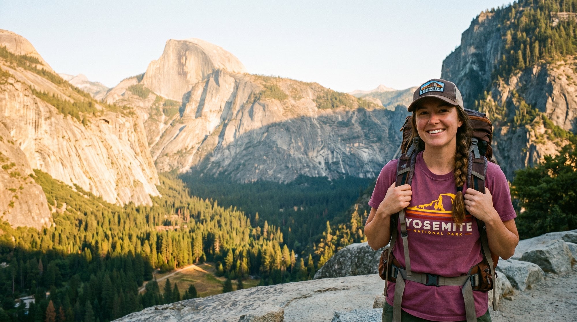 Smiling hiker with a braid on a Yosemite overlook with Half Dome behind her, wearing the Yosemite National Park tee in Berry